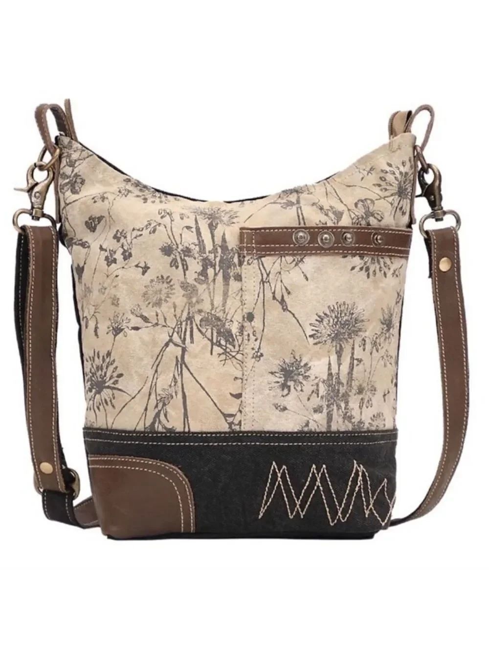 Myra Solidaster Crossbody Shoulder Upcycled Bag Leather Canvas Studded Floral